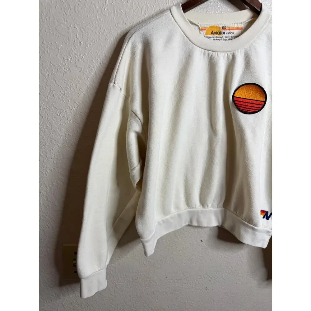 Aviator Nation Sunset Patch Relaxed Crew Sweatshirt size Women XS Ivory